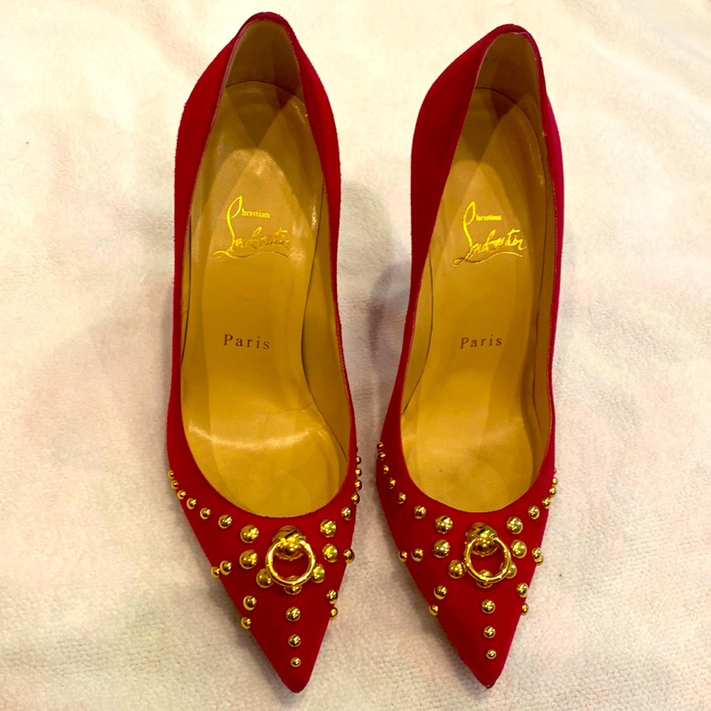 Christian louboutin pink suede 4 inch heels. Gold accents. Size 37